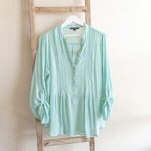 Zac & Rachel Top Sz L Aqua 3/4 Sleeve VNeck Blouse Gauzy Lightweight Coastal